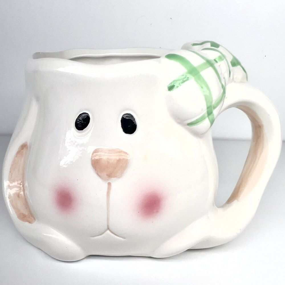 Easter Bunny /Blushing Rabbit- Mug/Planter- Pastels- Green Plaid Bow- Heart Nose